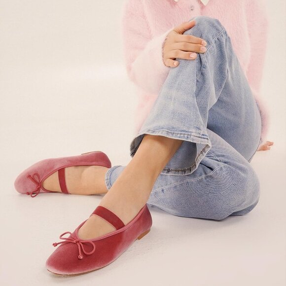 Women's Velvet Bow Pink Upper Round Toe Ballerinas Pull On Flats Ballet Shoes - Picture 6 of 6